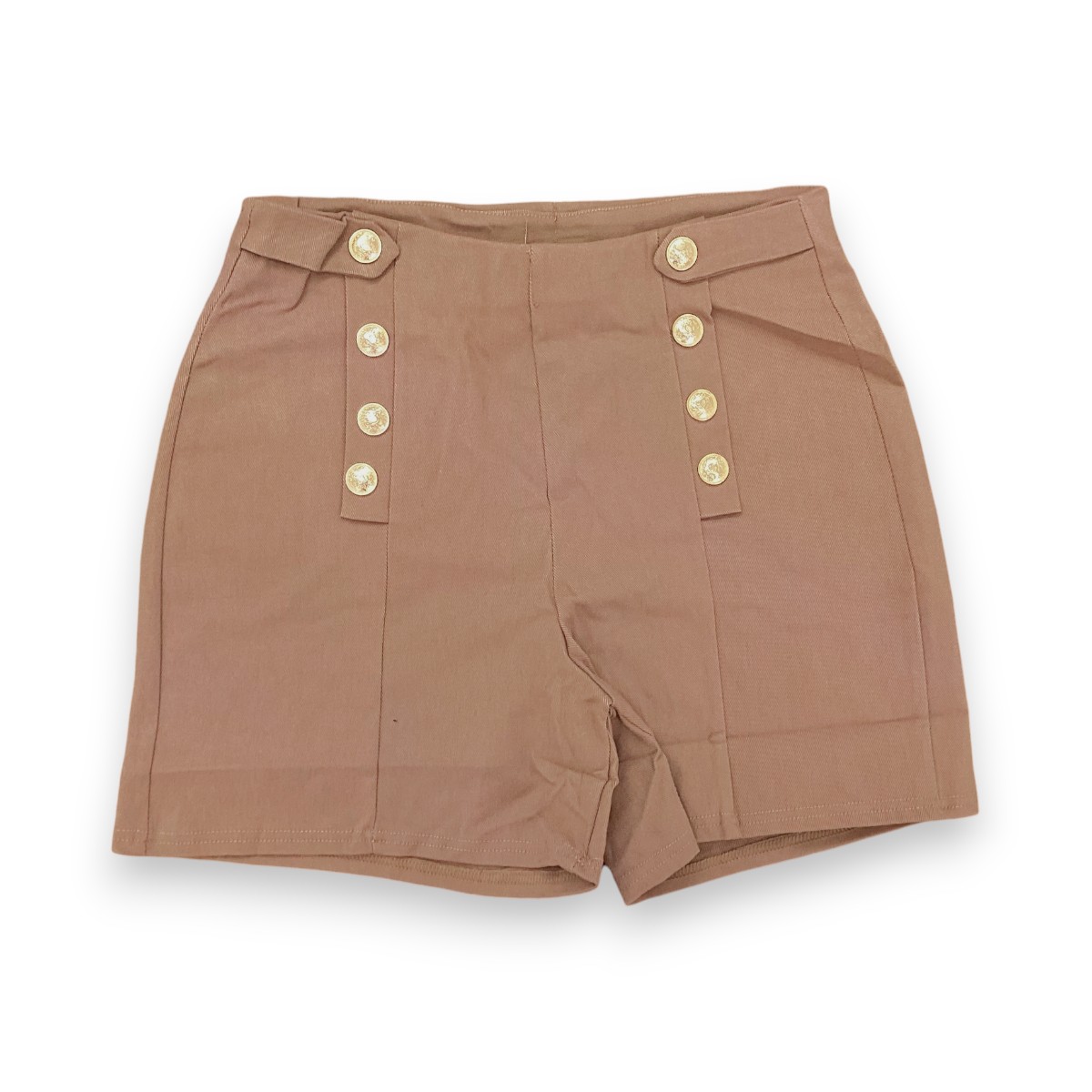 Short Elástico Con Botones Dorados Gabardina Largo