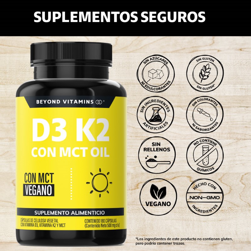 Suplemento Alimenticio Vitamina D3, Vitamina K2 y MCT Beyond Vitamins 180 cápsulas