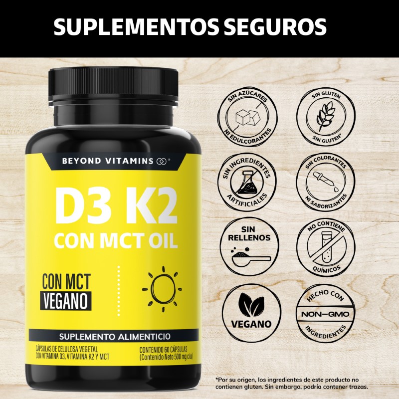 Suplemento Alimenticio Vitamina D3, Vitamina K2 y MCT Beyond Vitamins 60 cápsulas