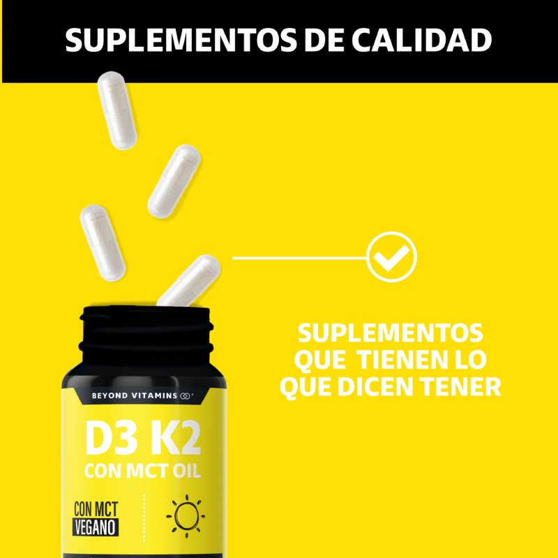Suplemento Alimenticio Vitamina D3, Vitamina K2 y MCT Beyond Vitamins 180 cápsulas