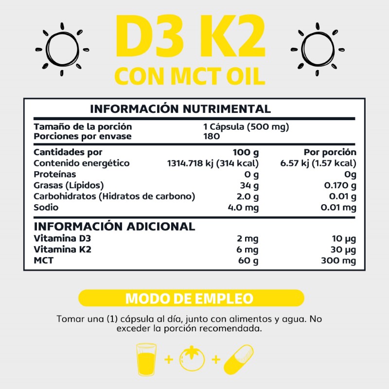 Suplemento Alimenticio Vitamina D3, Vitamina K2 y MCT Beyond Vitamins 180 cápsulas