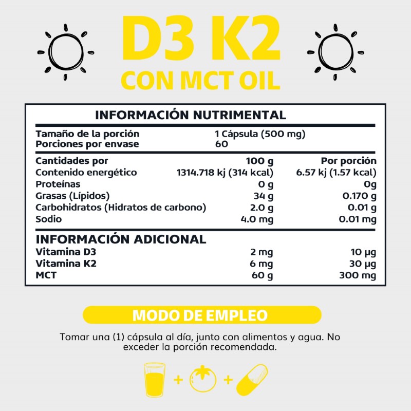 Suplemento Alimenticio Vitamina D3, Vitamina K2 y MCT Beyond Vitamins 60 cápsulas