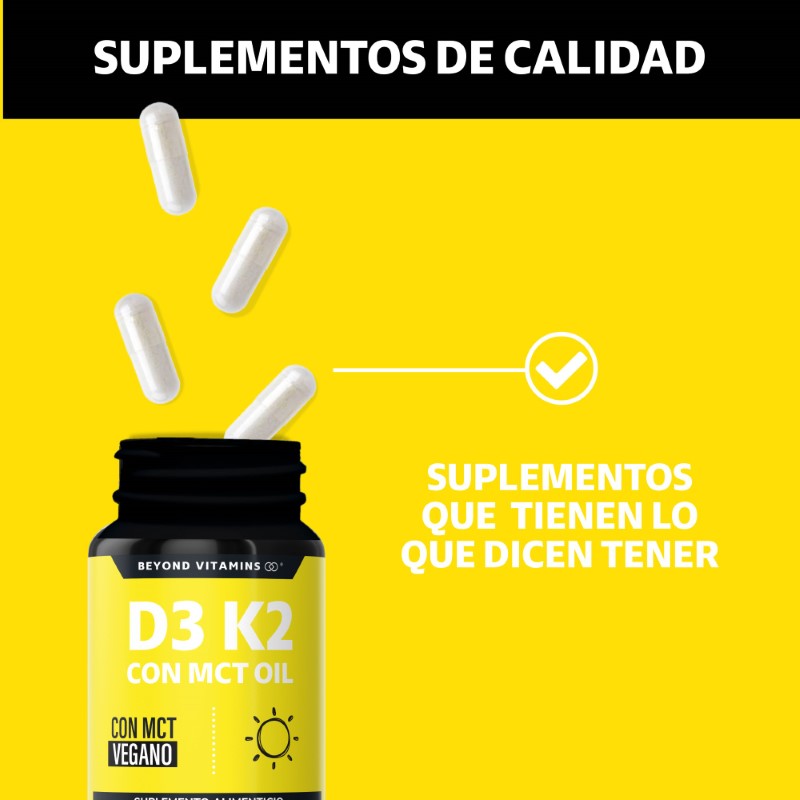 Suplemento Alimenticio Vitamina D3, Vitamina K2 y MCT Beyond Vitamins 60 cápsulas