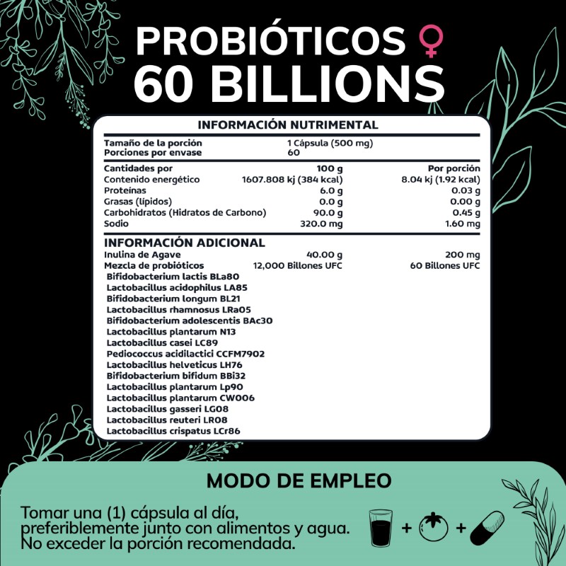 Suplemento Alimenticio Probioticos Mujer 60 Billion Inulina de Agave + Prebióticos Quotidien 60 cápsulas