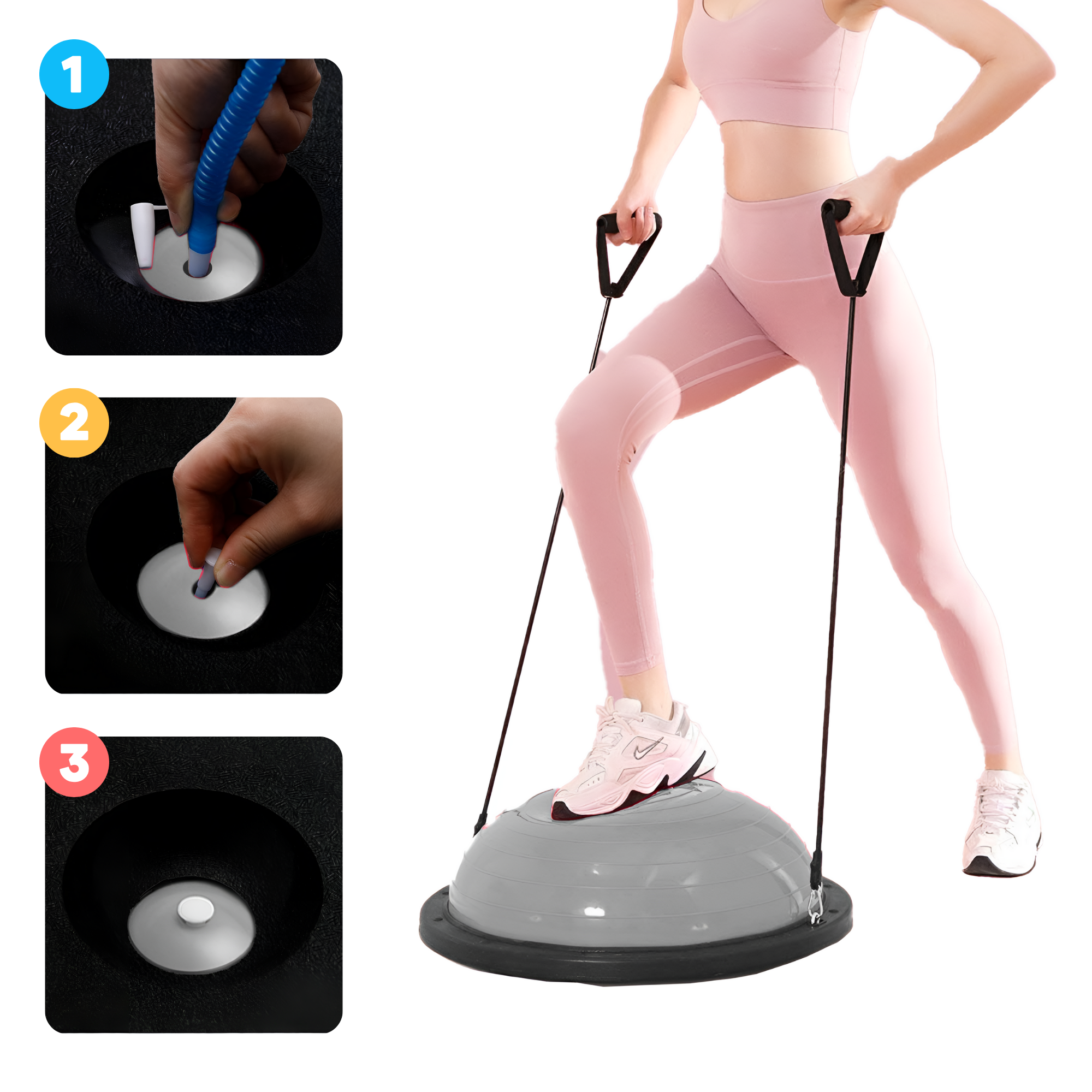 PELOTA PILATES YOGA EQUILIBRIO ECOMLAB CON LIGAS RESISTENCIA COLOR GRIS.