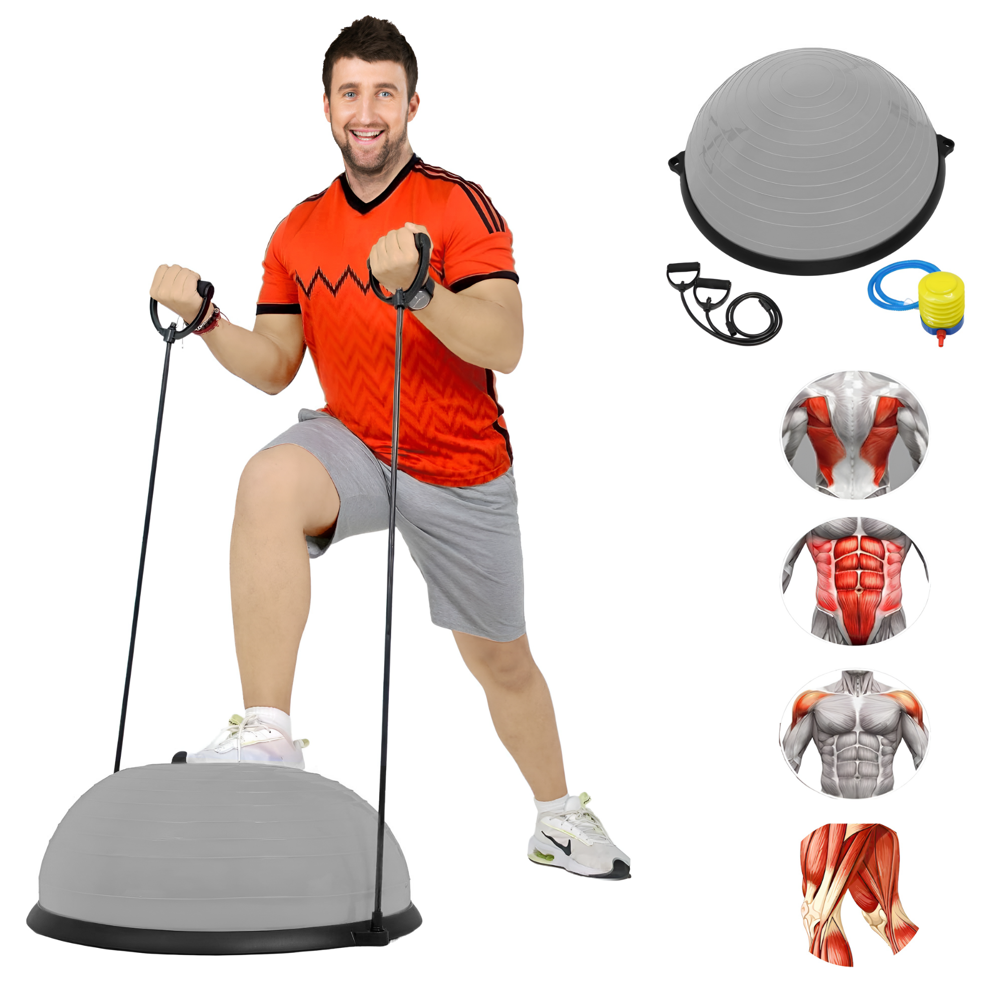 PELOTA PILATES YOGA EQUILIBRIO ECOMLAB CON LIGAS RESISTENCIA COLOR GRIS.