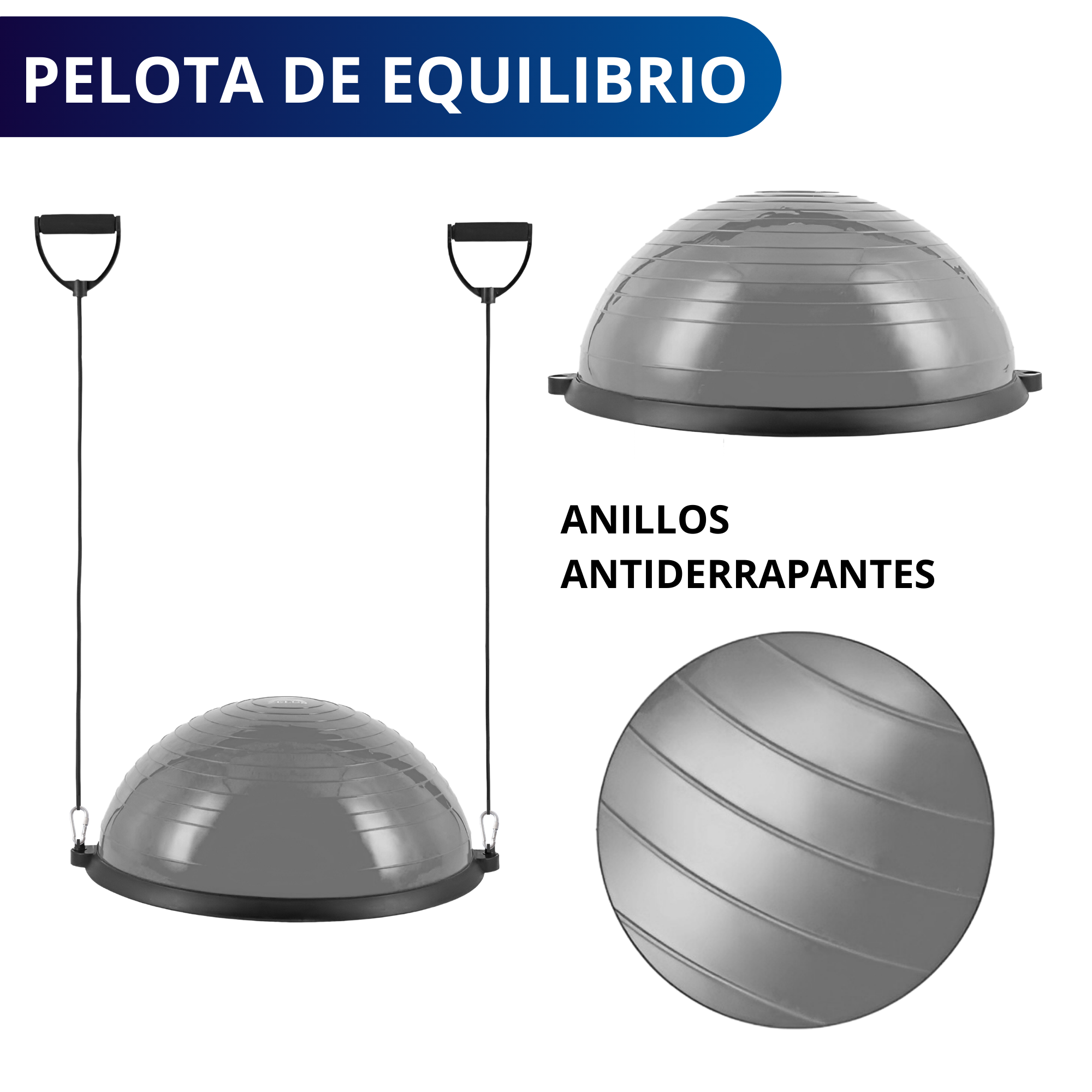 PELOTA PILATES YOGA EQUILIBRIO ECOMLAB CON LIGAS RESISTENCIA COLOR GRIS.