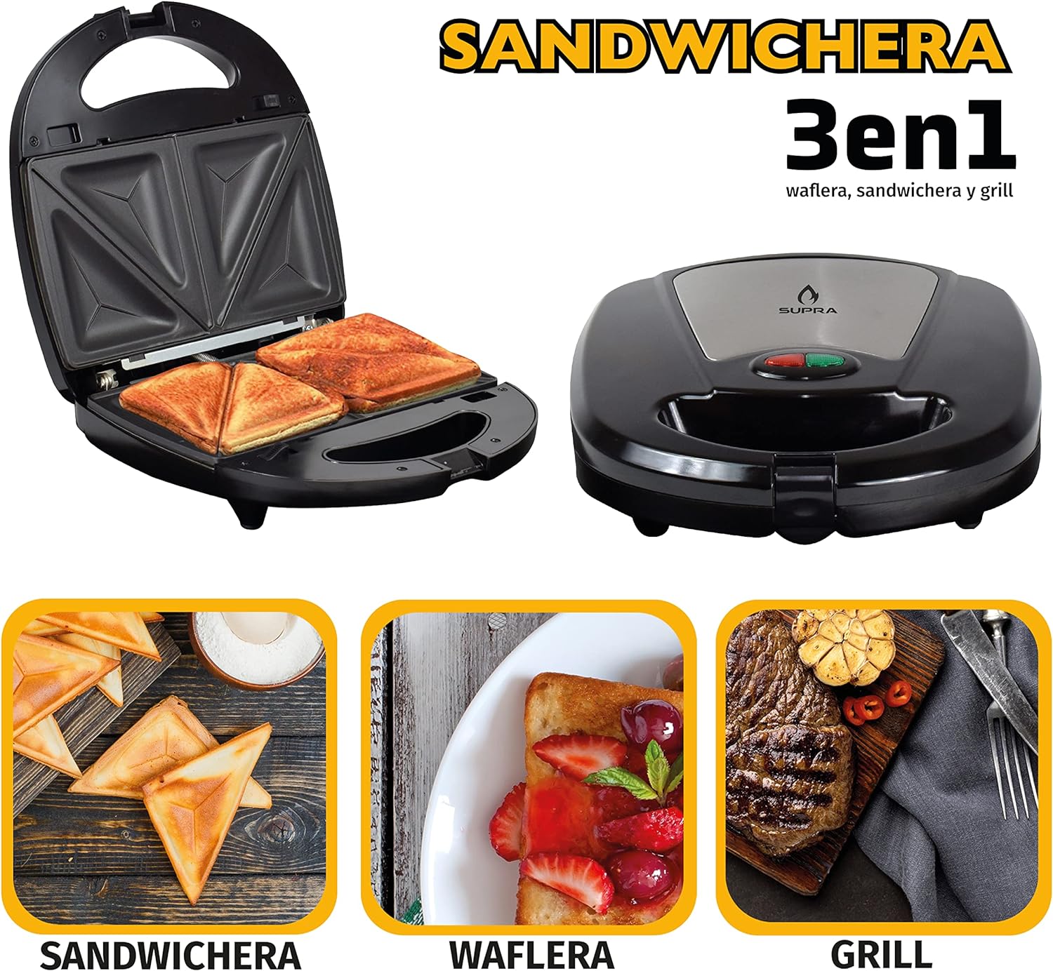 Sandwichera multifuncional 3 en 1 (Sandwichera, Waflera y Grill) Marca Supra.
