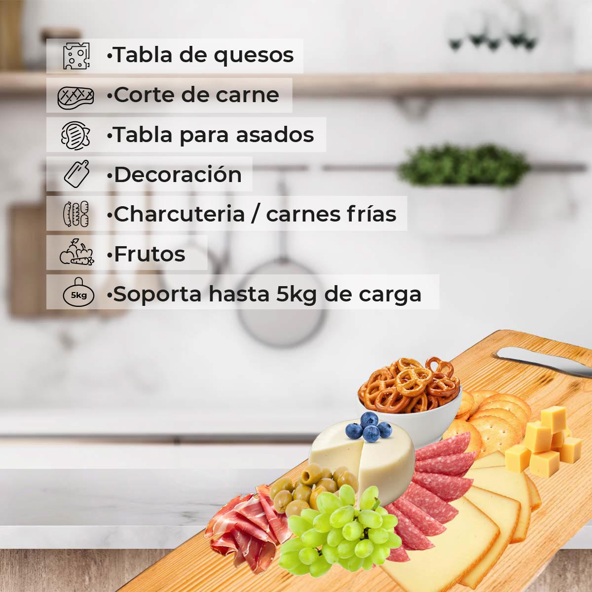 Tabla para picar de madera (pino) rectangular I tabla de quesos y charcuteria I tabla de decoración y corte para carne asados I hecho 100% a mano I LIVE V: 54 x 28 x 2.5.