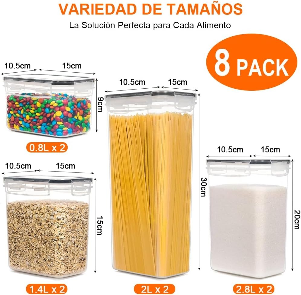 Juego de 8 recipientes herméticos, MDFitness ,Organizadores de cocina, Recipientes herméticos para almacenar, Contenedores para alimentos, Contenedores organizadores, Organizador alacena, Kitchen