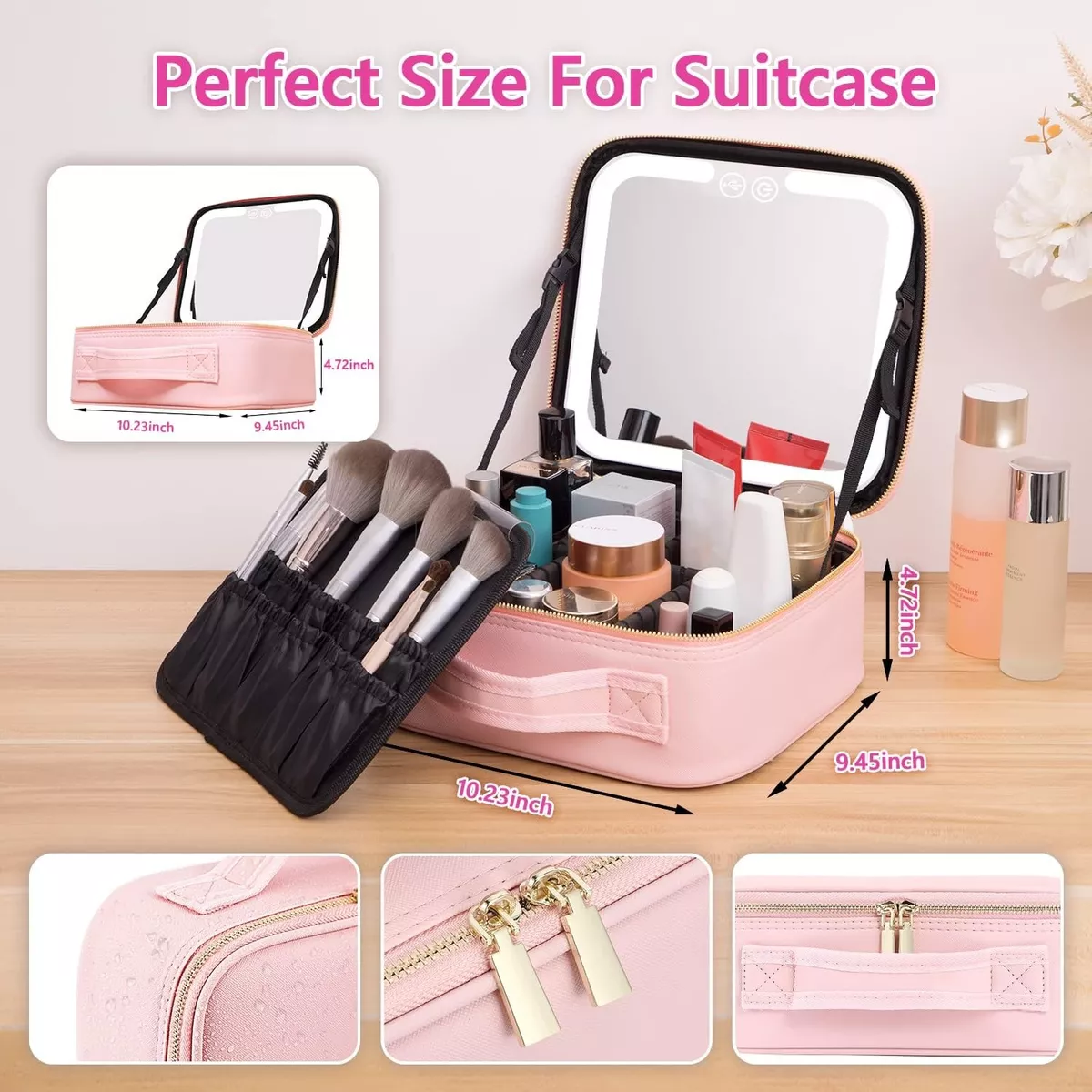 Estuche Maquillaje Inteligente Espejo Luz Led 3modo Portátil Rosa