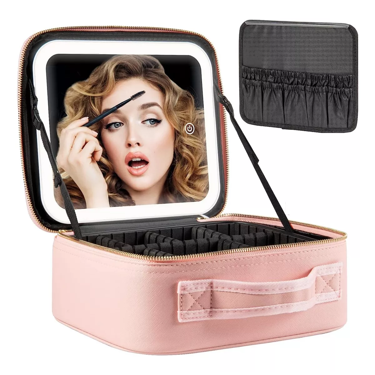 Estuche Maquillaje Inteligente Espejo Luz Led 3modo Portátil Rosa