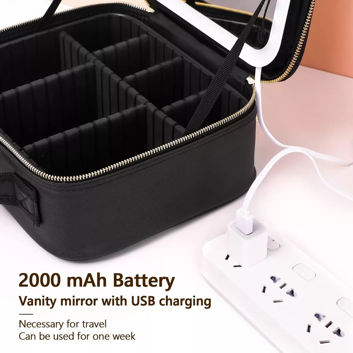 Estuche Maquillaje Inteligente Espejo Luz Led 3modo Portátil Negro