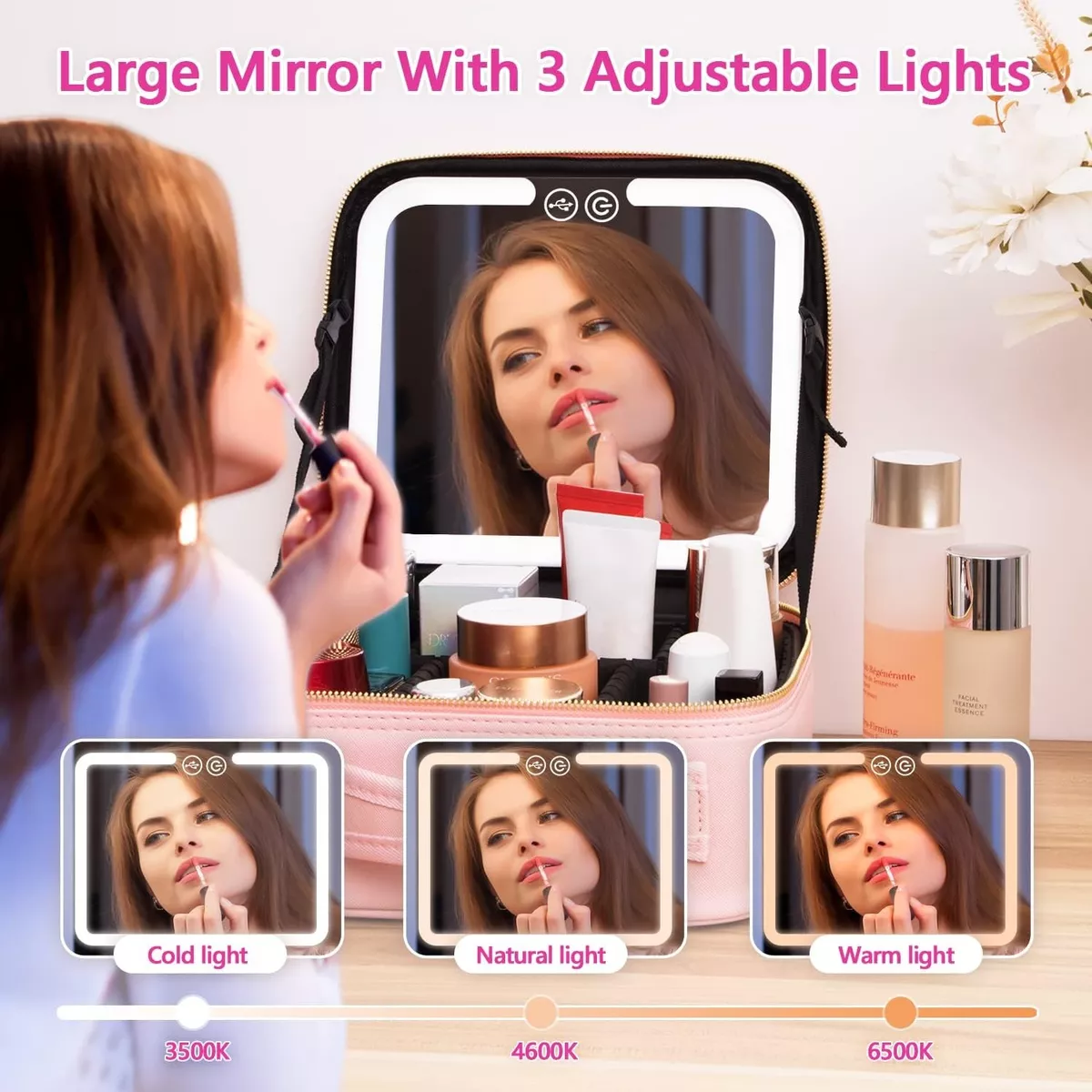 Estuche Maquillaje Inteligente Espejo Luz Led 3modo Portátil Rosa