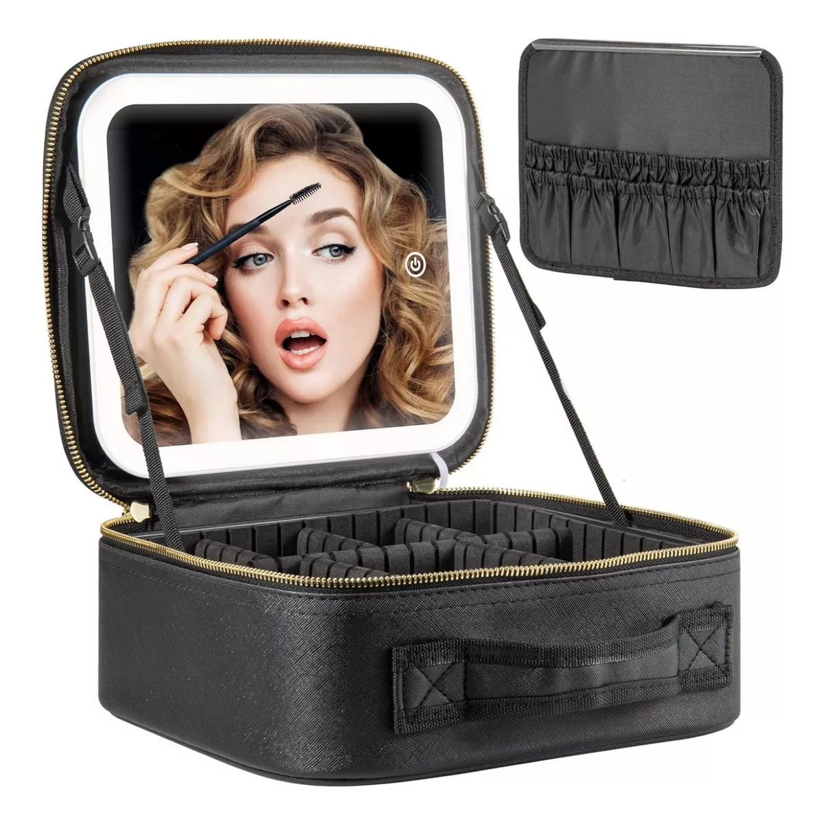 Estuche Maquillaje Inteligente Espejo Luz Led 3modo Portátil Negro