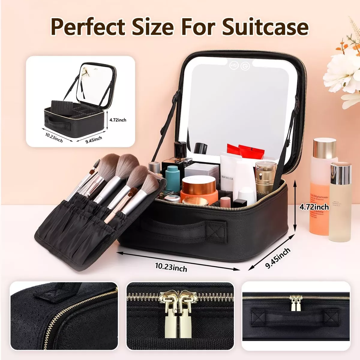 Estuche Maquillaje Inteligente Espejo Luz Led 3modo Portátil Negro