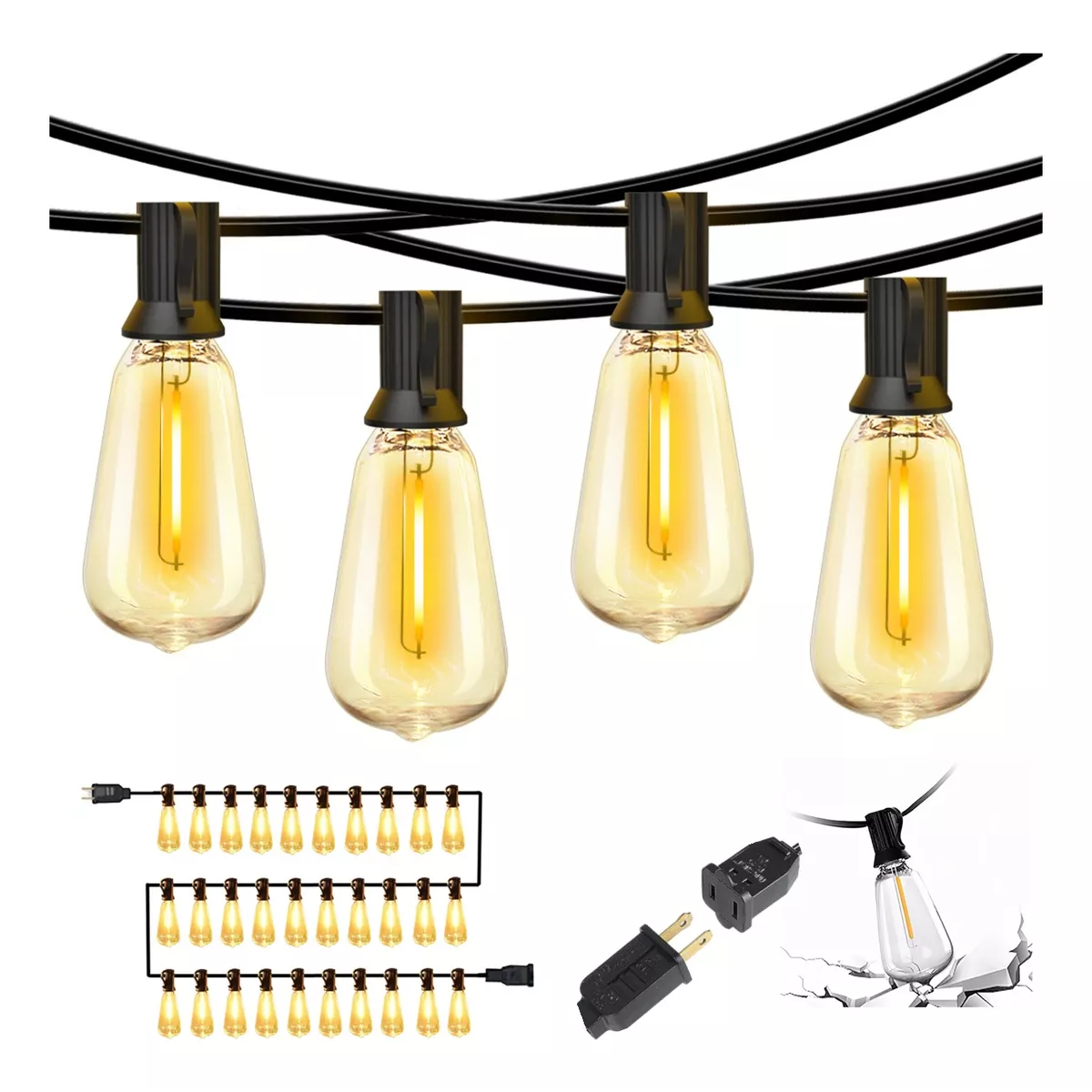 Guirnalda De Luces 30+2 Led Focos De Exterior Vintage 20m