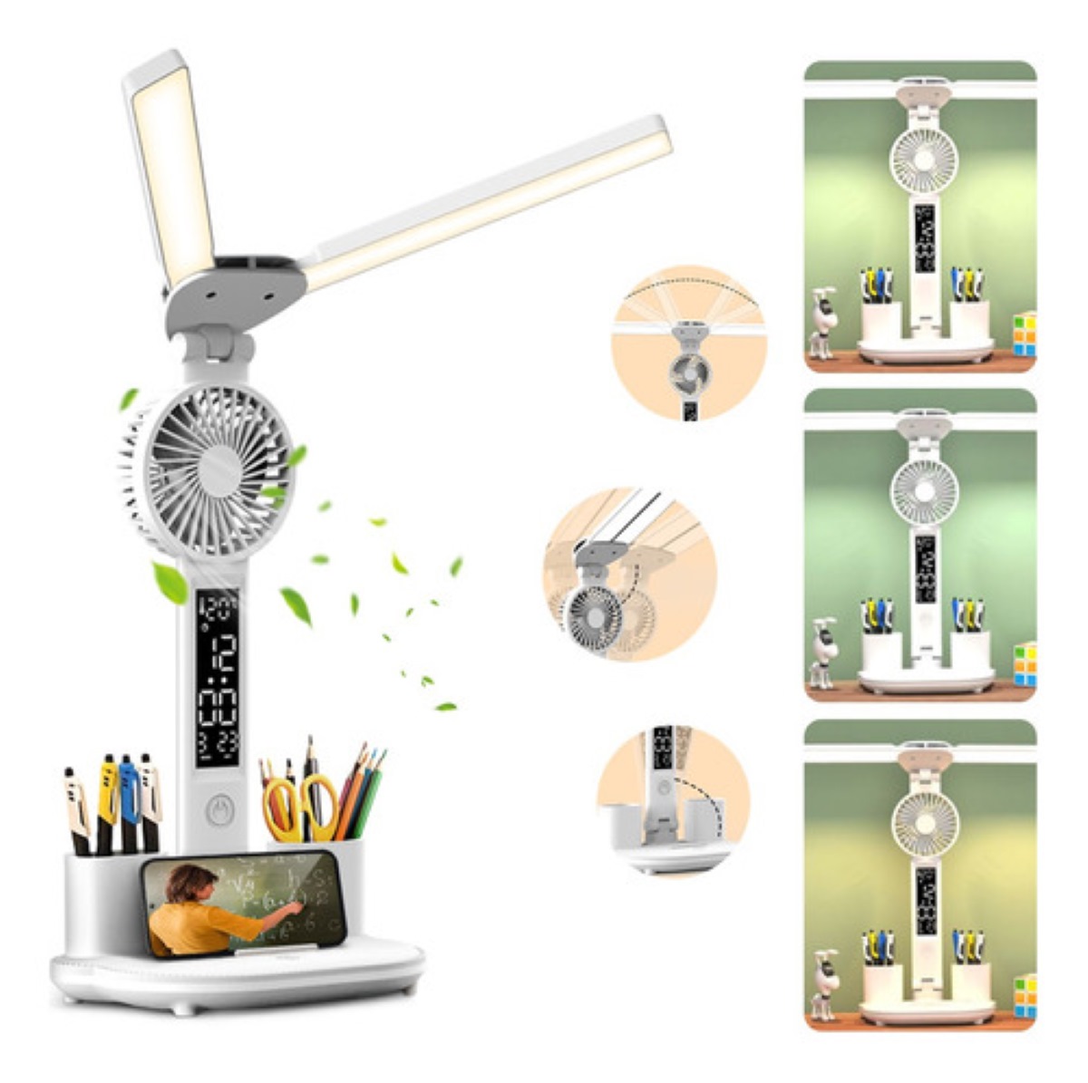 Lámpara De Escritorio, Ventilador, Indicador De Temperatura Blanco