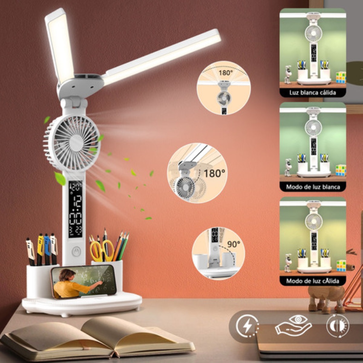 Lámpara De Escritorio, Ventilador, Indicador De Temperatura Blanco