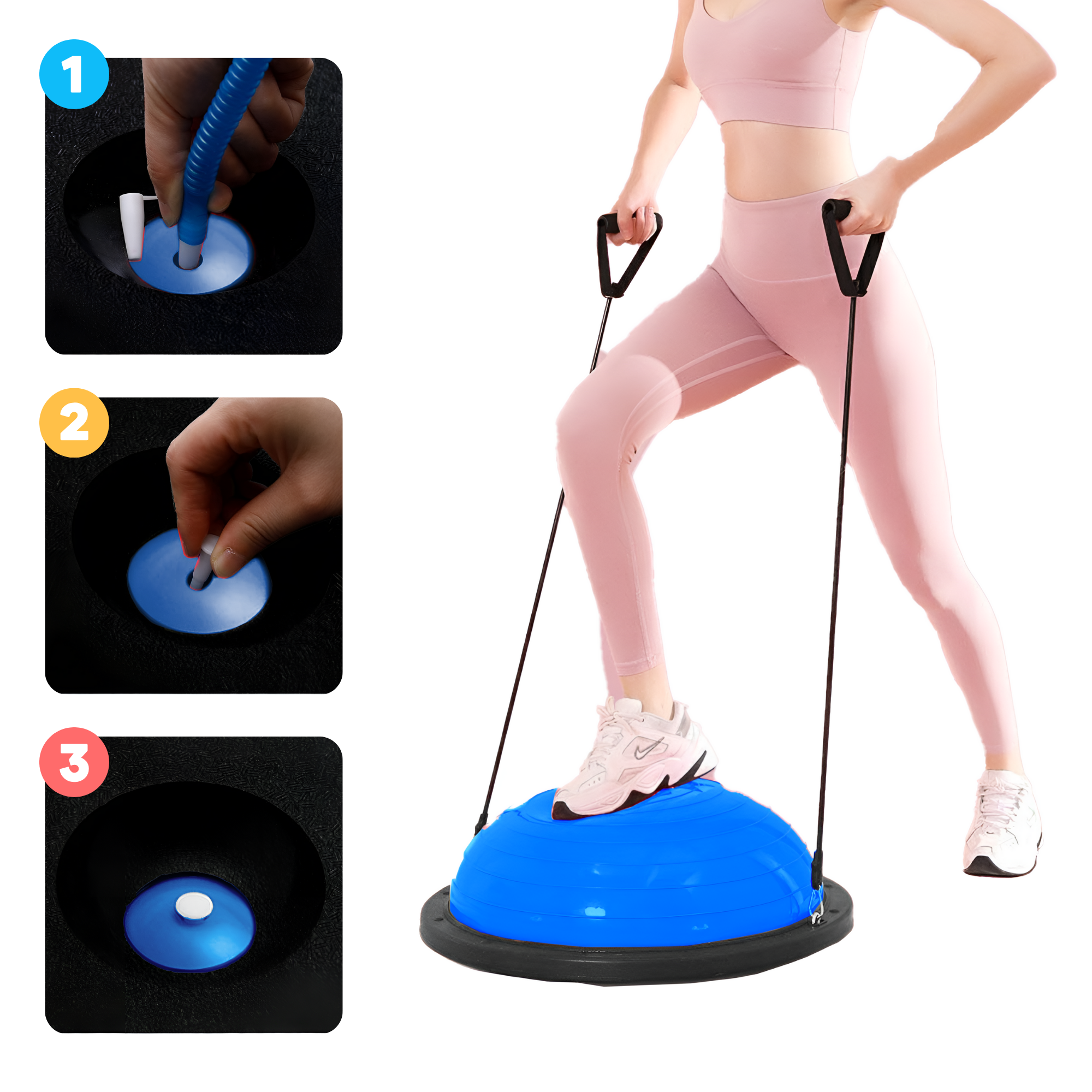 PELOTA PILATES YOGA EQUILIBRIO ECOMLAB CON LIGAS RESISTENCIA COLOR AZUL.