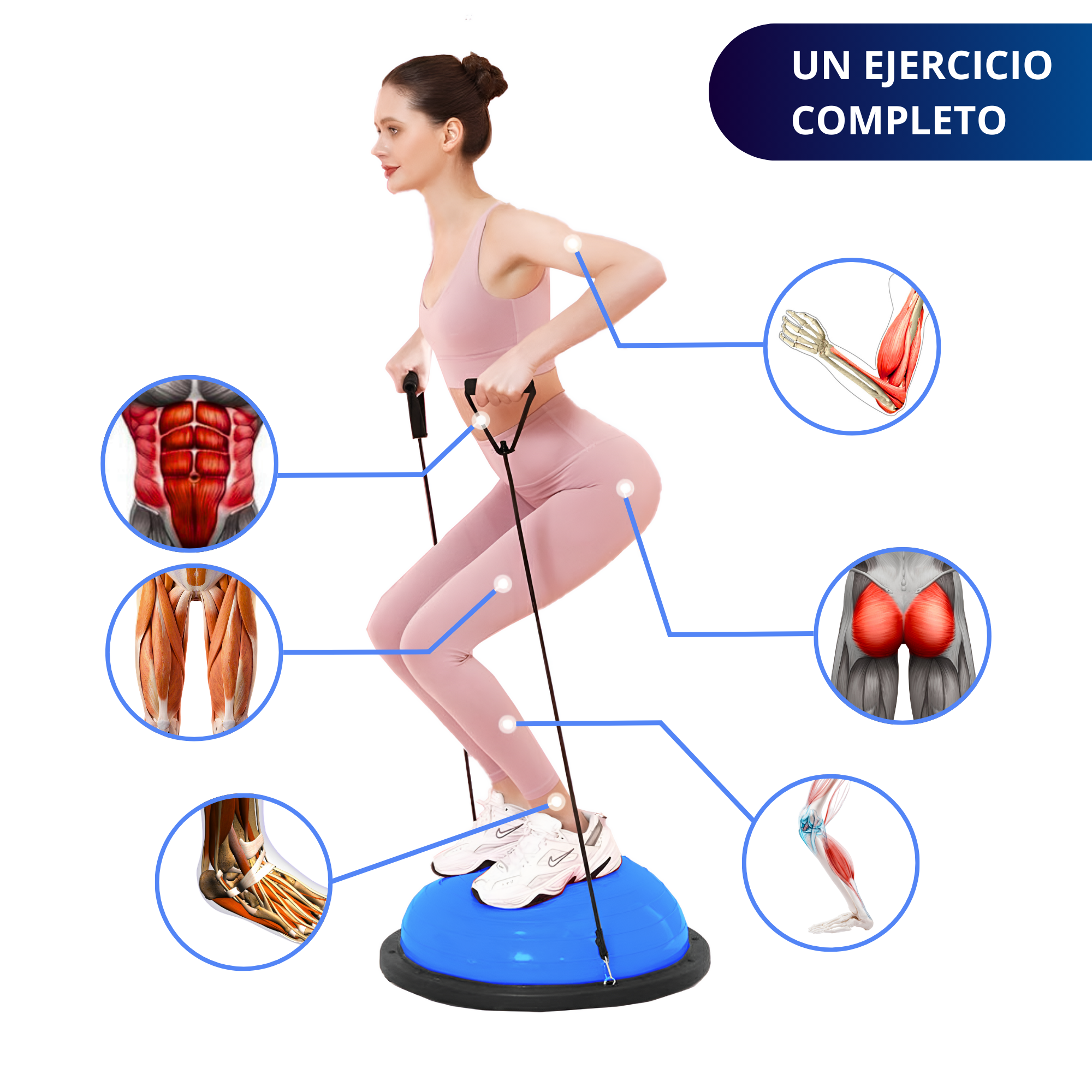PELOTA PILATES YOGA EQUILIBRIO ECOMLAB CON LIGAS RESISTENCIA COLOR AZUL.