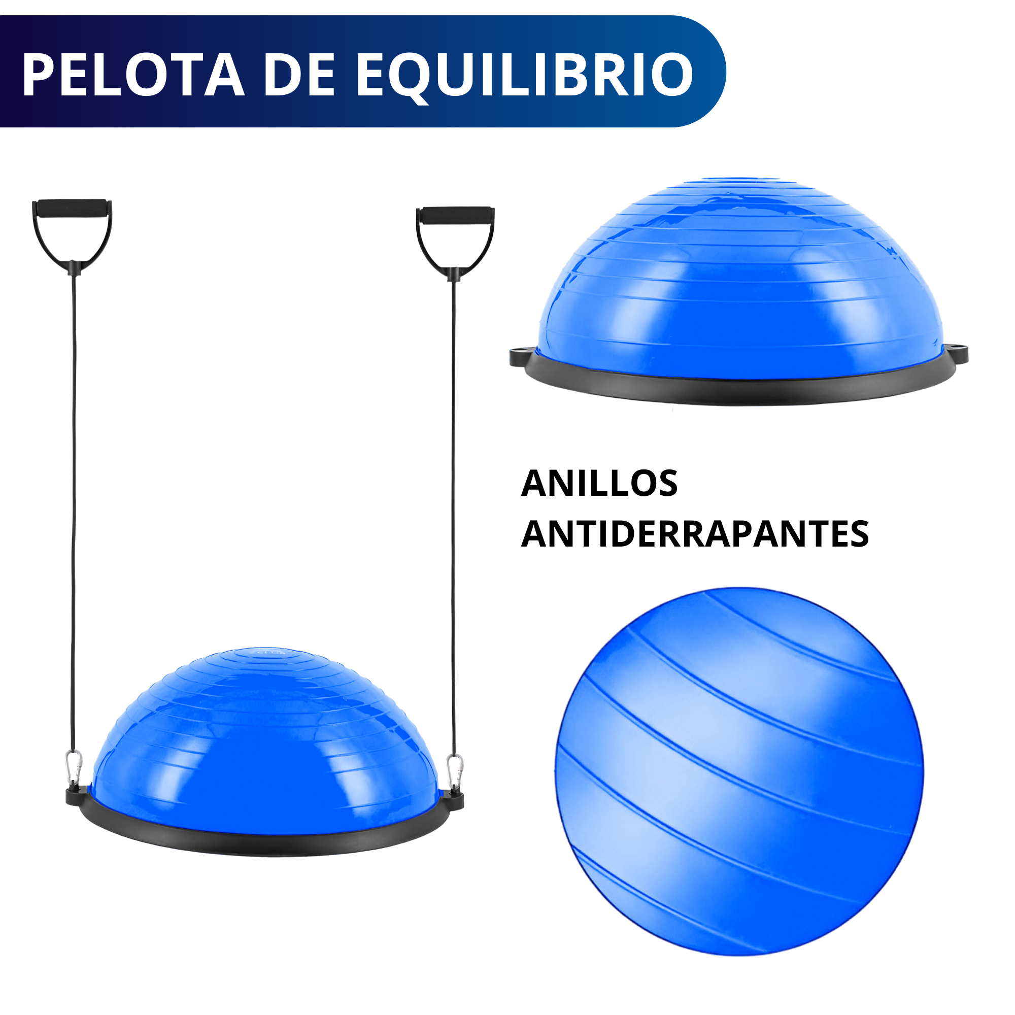 PELOTA PILATES YOGA EQUILIBRIO ECOMLAB CON LIGAS RESISTENCIA COLOR AZUL.