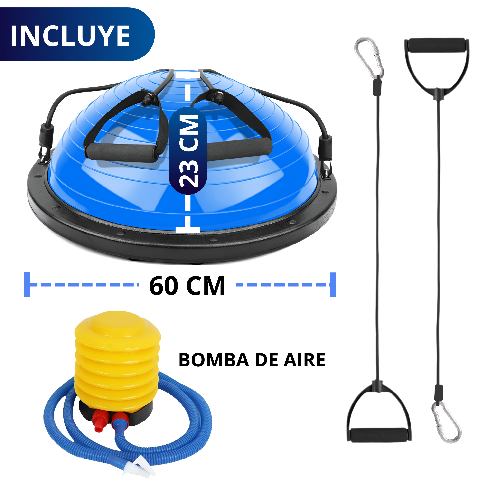 PELOTA PILATES YOGA EQUILIBRIO ECOMLAB CON LIGAS RESISTENCIA COLOR AZUL.