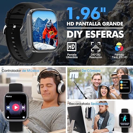 Lostrain Reloj Inteligente Hombre y Mujer,Smartwatch Deportivo 1.96" HD Pantalla táctil con Llamada Bluetooth,Pulsera Inteligente Impermeable IP68 Monitor De Frecuencia Cardíaca/SPO2/Presión Arterial