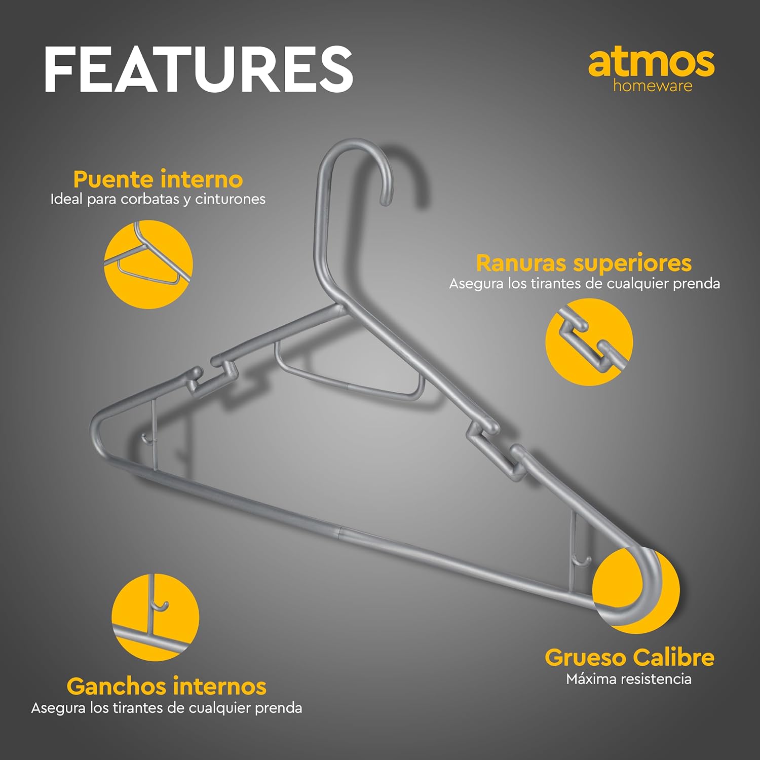 Atmos Homeware Ganchos para Ropa | 20 Ganchos de Plástico Premium para Colgar Ropa | Gruesos, Resistentes y Duraderos | Paquete de 20 Perchas Color Plata
