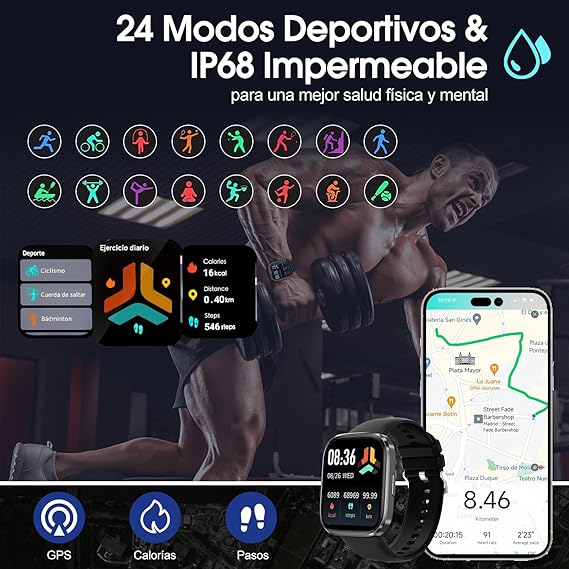 Lostrain Reloj Inteligente Hombre y Mujer,Smartwatch Deportivo 1.96" HD Pantalla táctil con Llamada Bluetooth,Pulsera Inteligente Impermeable IP68 Monitor De Frecuencia Cardíaca/SPO2/Presión Arterial