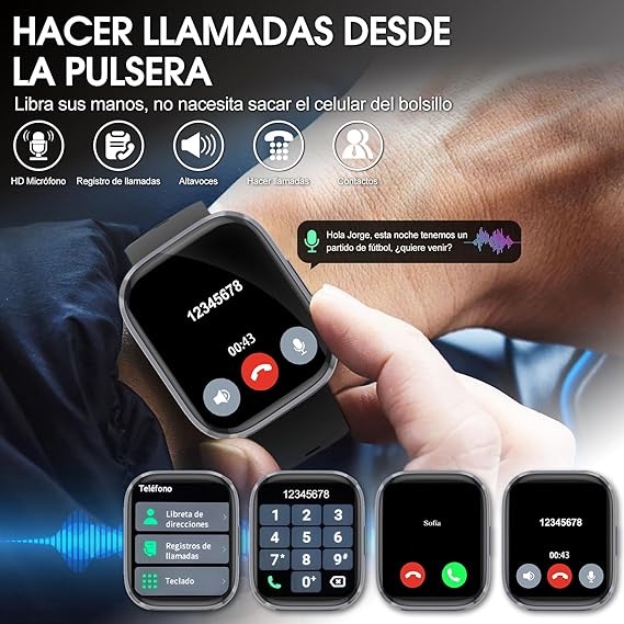 Lostrain Reloj Inteligente Hombre y Mujer,Smartwatch Deportivo 1.96" HD Pantalla táctil con Llamada Bluetooth,Pulsera Inteligente Impermeable IP68 Monitor De Frecuencia Cardíaca/SPO2/Presión Arterial