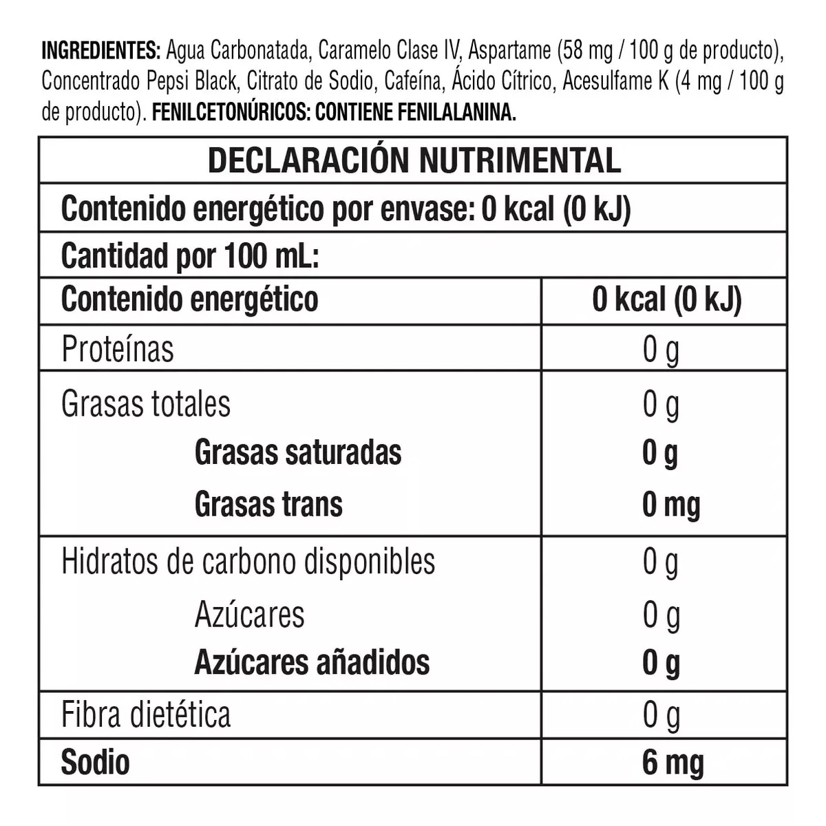 Refrescos Pepsi Sin Azúcar 6 Botellas de 600 ml c/u
