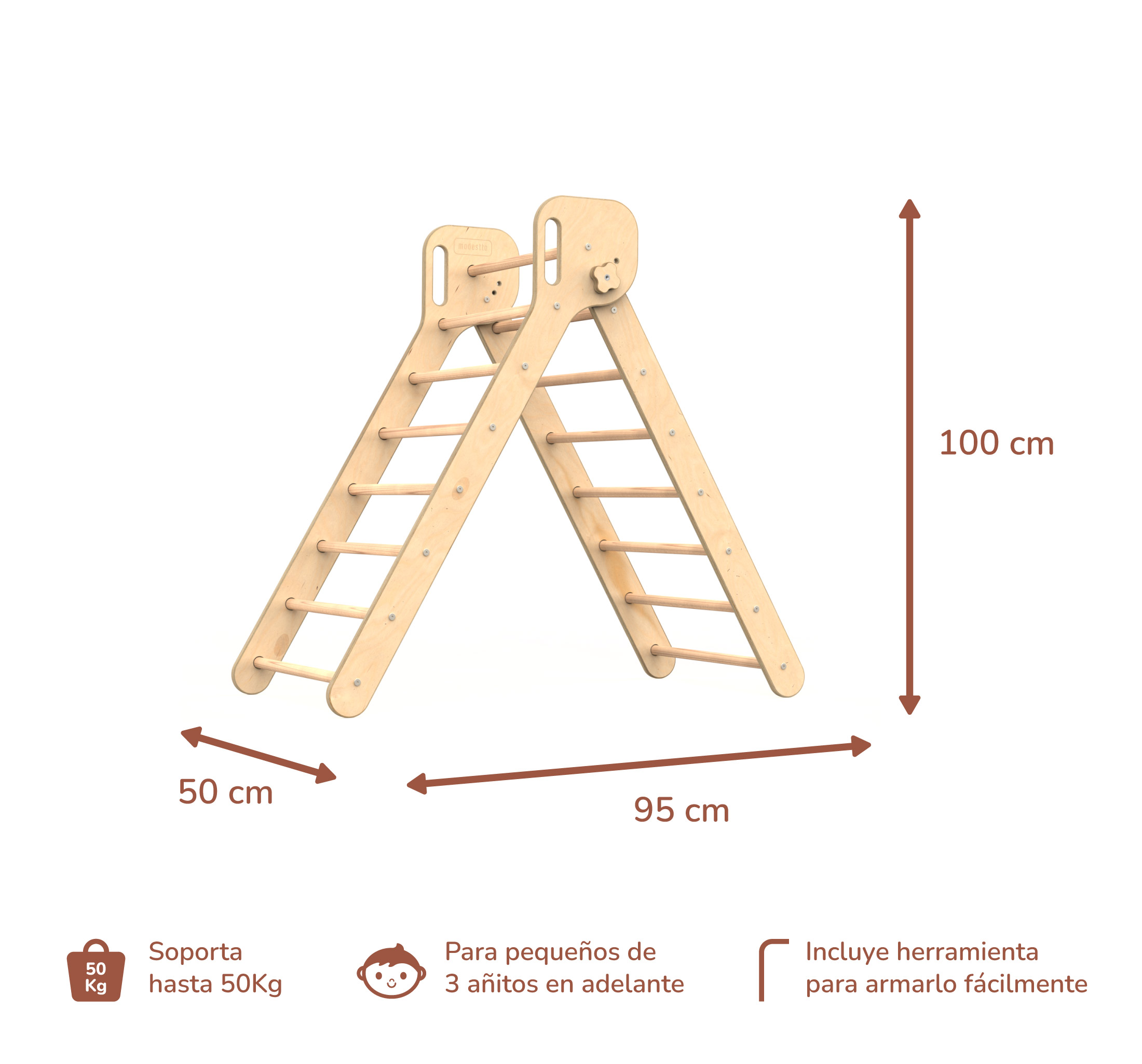 Triángulo de Escalada Grande Tres Posiciones + Rampa de Barras Estructura de Juego Pikler para Bebés y Niños (Color Natural)