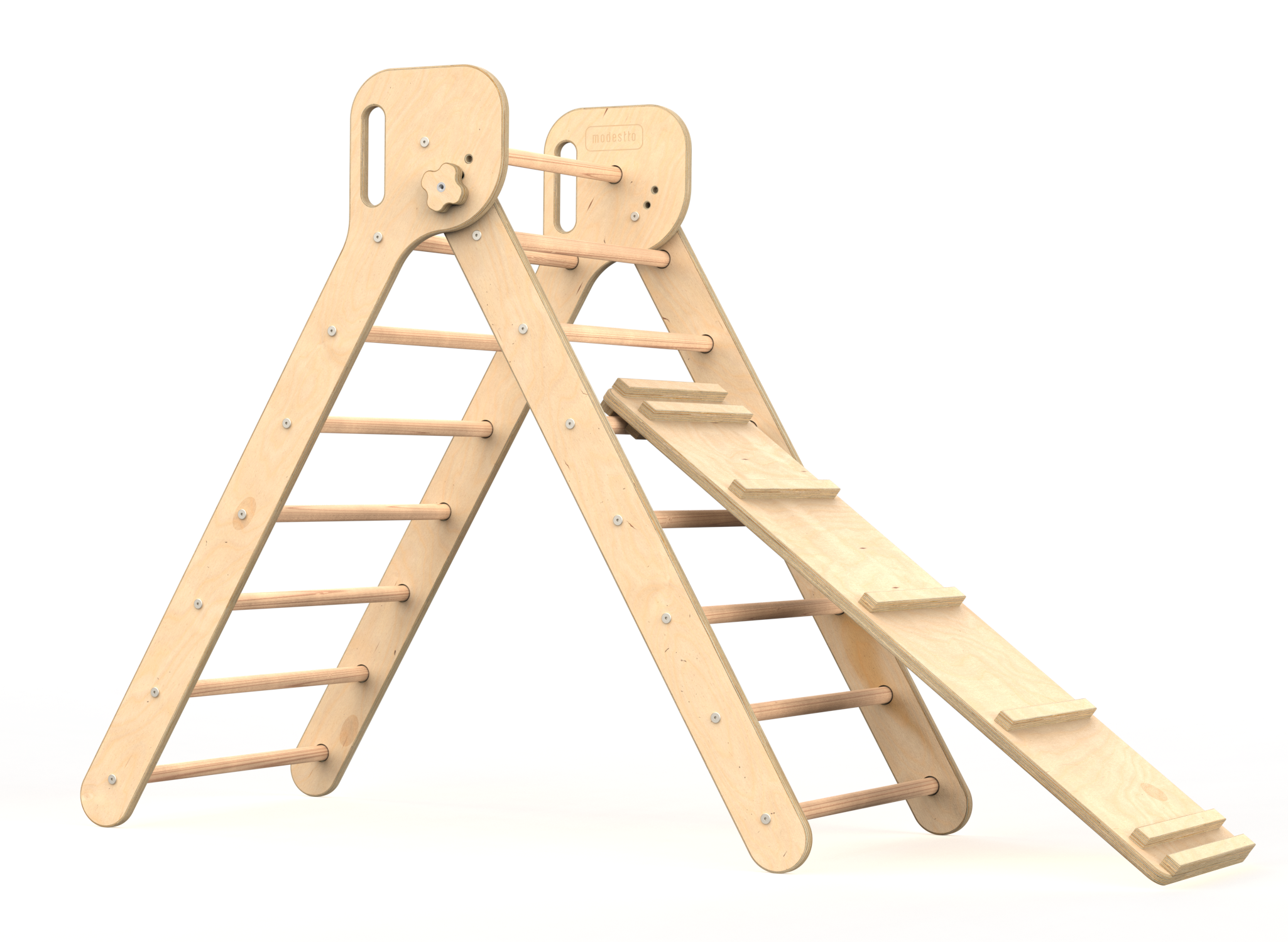 Triángulo de Escalada Grande Tres Posiciones + Rampa de Barras Estructura de Juego Pikler para Bebés y Niños (Color Natural)