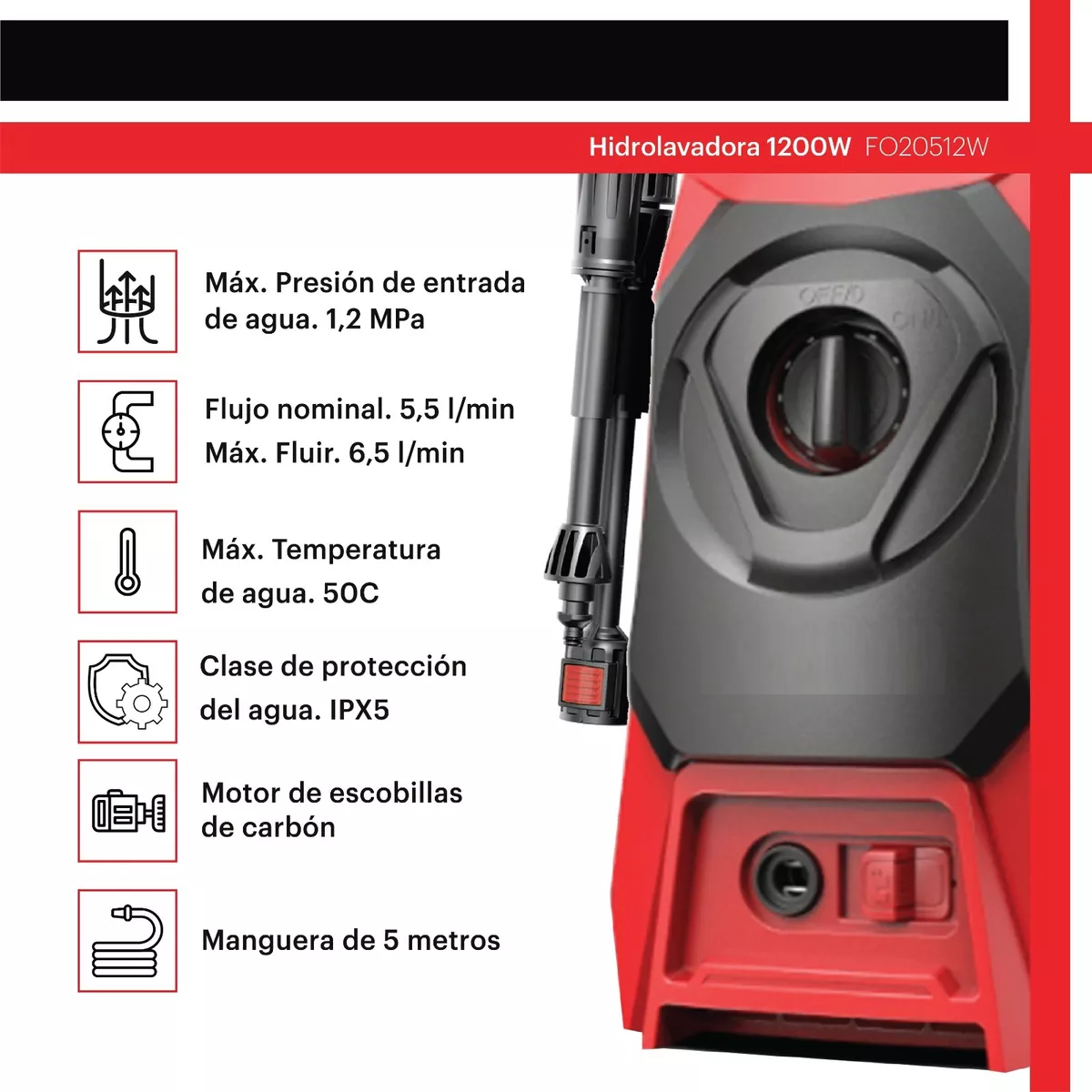 Hidrolavadora Eléctrica Alta Presión 1200w 1300 Psi Rojo