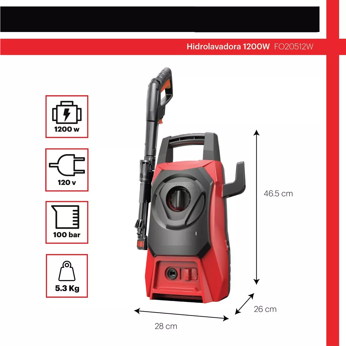 Hidrolavadora Eléctrica Alta Presión 1200w 1300 Psi Rojo