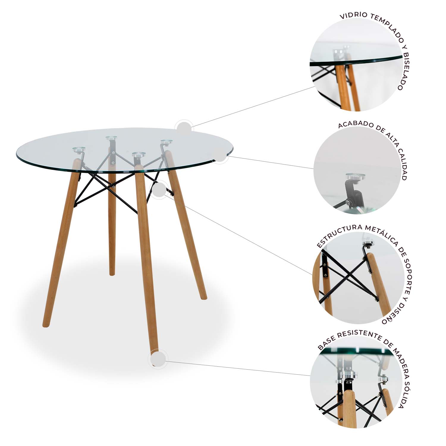 Set de Comedor Cristal  80 cm y 4 Sillas Frankfurt Blanco Mundo In.