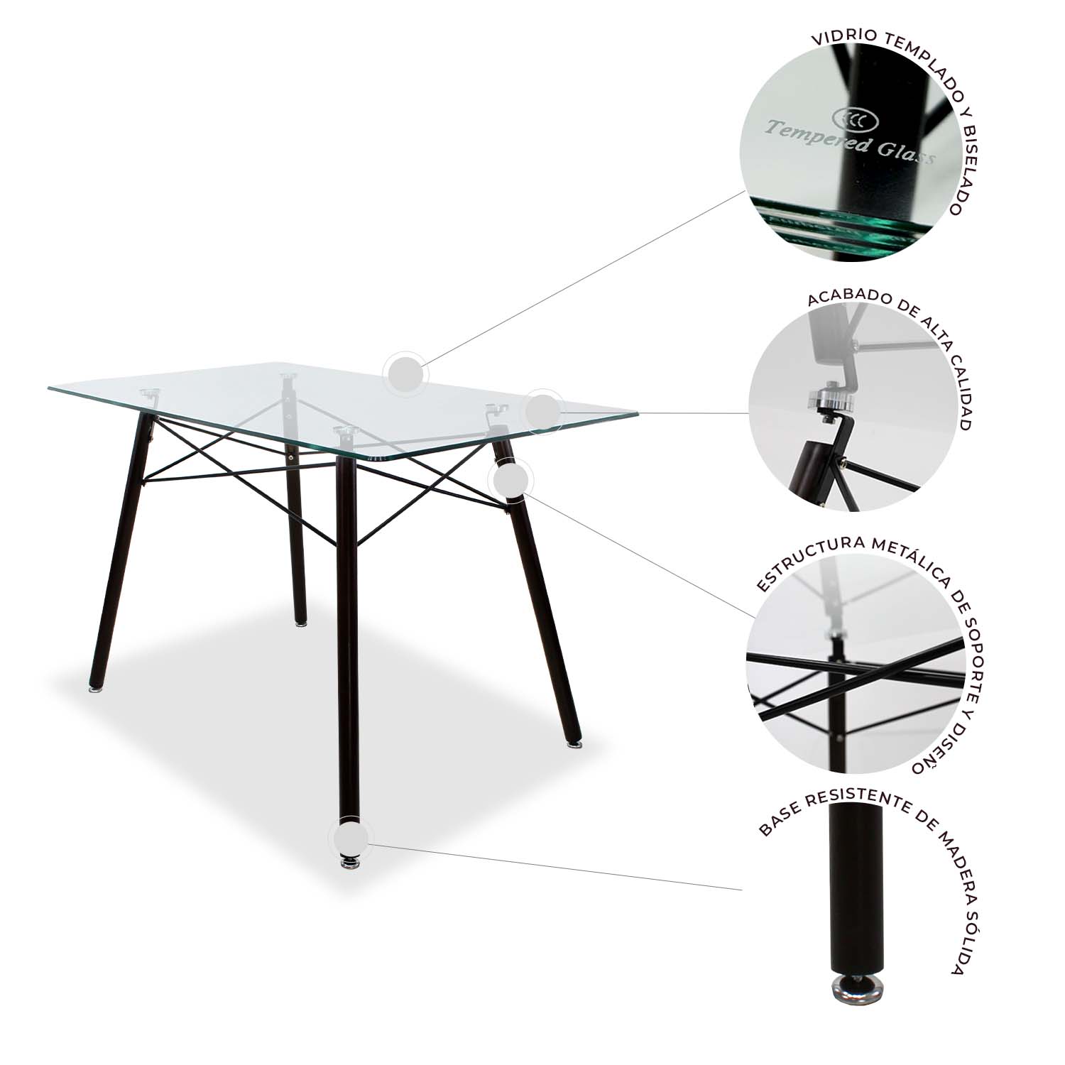 Set de Comedor 4 Sillas Frankfurt Negro y Mesa Cristal Mob-T5 Nogal 120 cm Mundo In.
