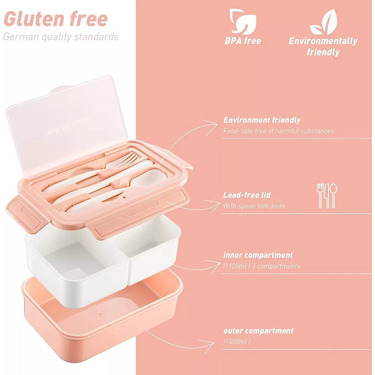 Lonchera Con Topper Y Cubiertos Capacidad 1100 ml Rosa