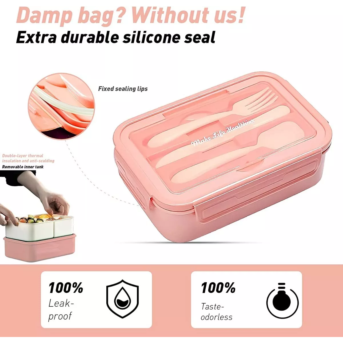 Lonchera Con Topper Y Cubiertos Capacidad 1100 ml Rosa