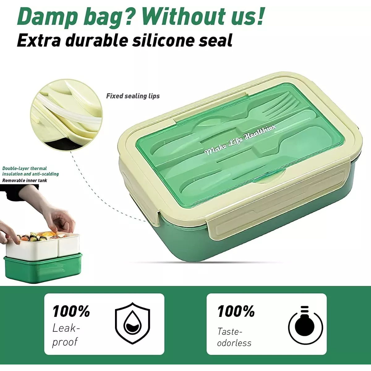 Lonchera Con Topper Y Cubiertos Capacidad 1100 ml Verde