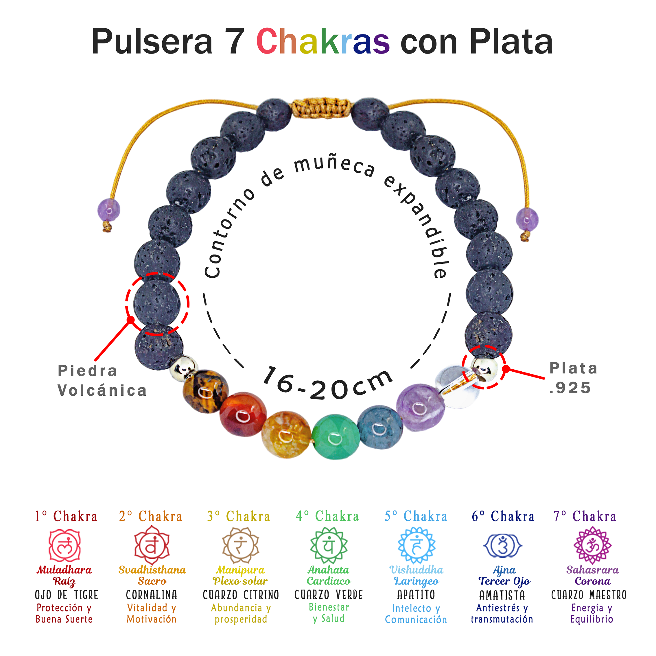 Pulsera mujer 7 Chakras con Plata genuina