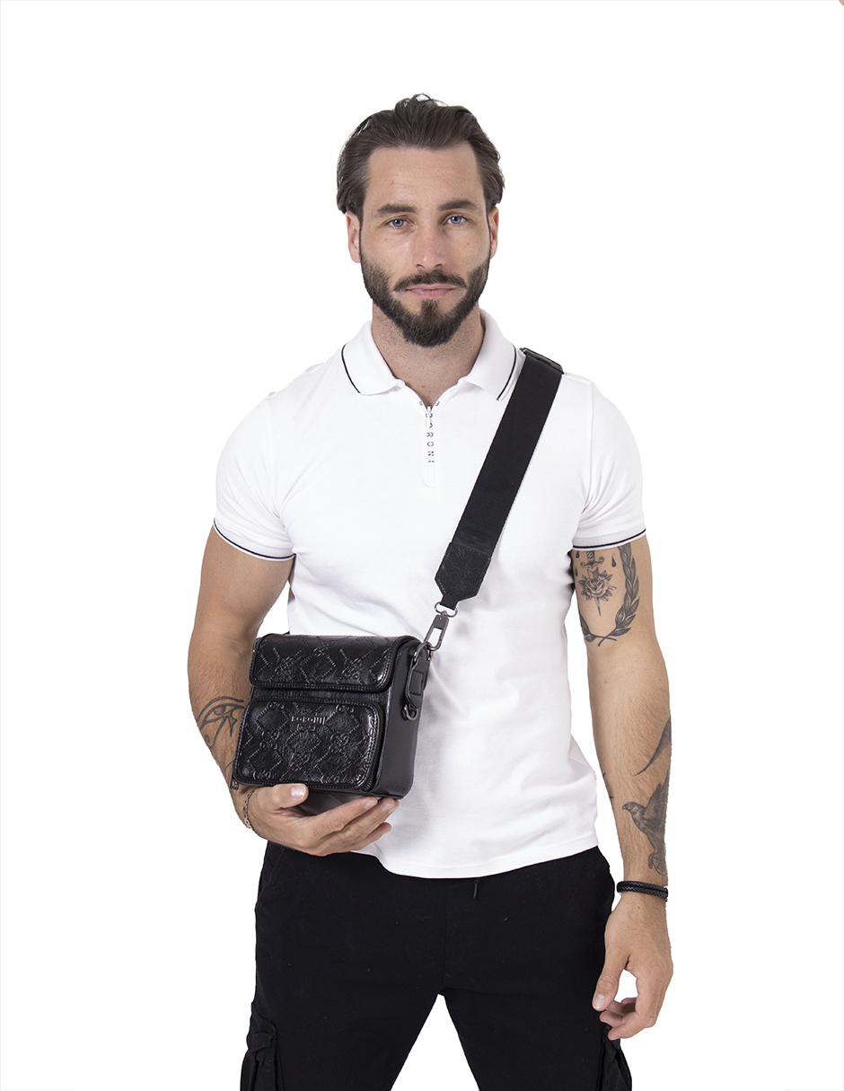 Bandolera Boroni Damier Con Textura Cuadrada Color Negro .