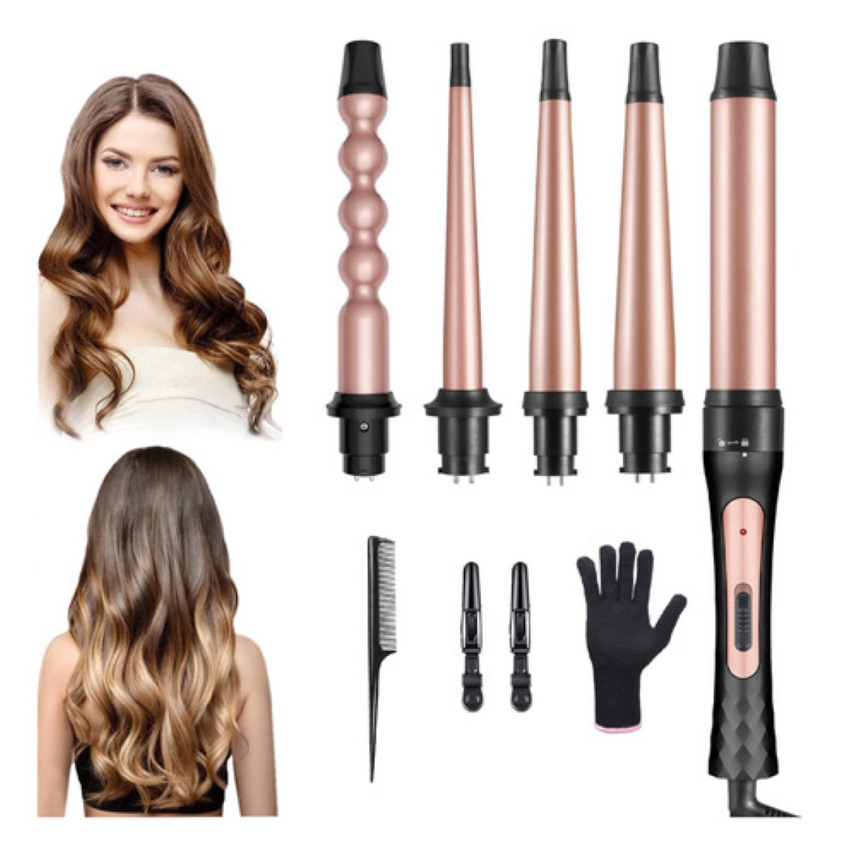 Plancha Rizadora De Cabello Cerámica Profesional 5 En 1, Rosa con Negro