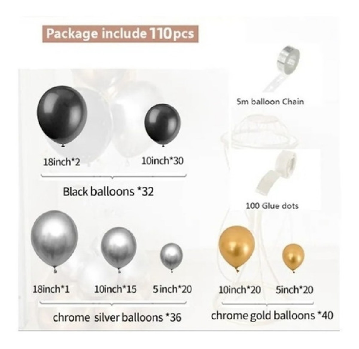 Kit De Arco De Globos Negros Y Dorados Para Fiesta, 110 Pzas Dorado negro