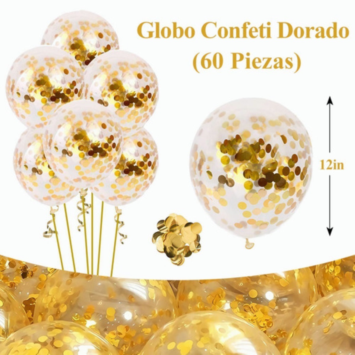 Globos Transparentes Con Confeti De Látex 50 pzs, Dorado 