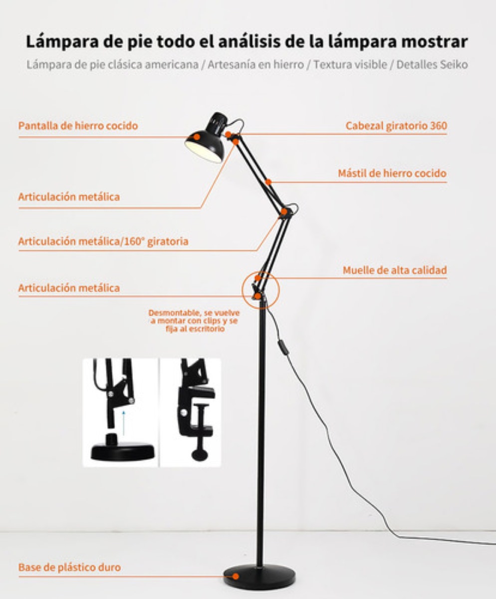 Lámpara De Piso /escritorio Brazo Giratoria Con Clip Y Base Color De La Estructura Negro Color De La Pantalla Negro