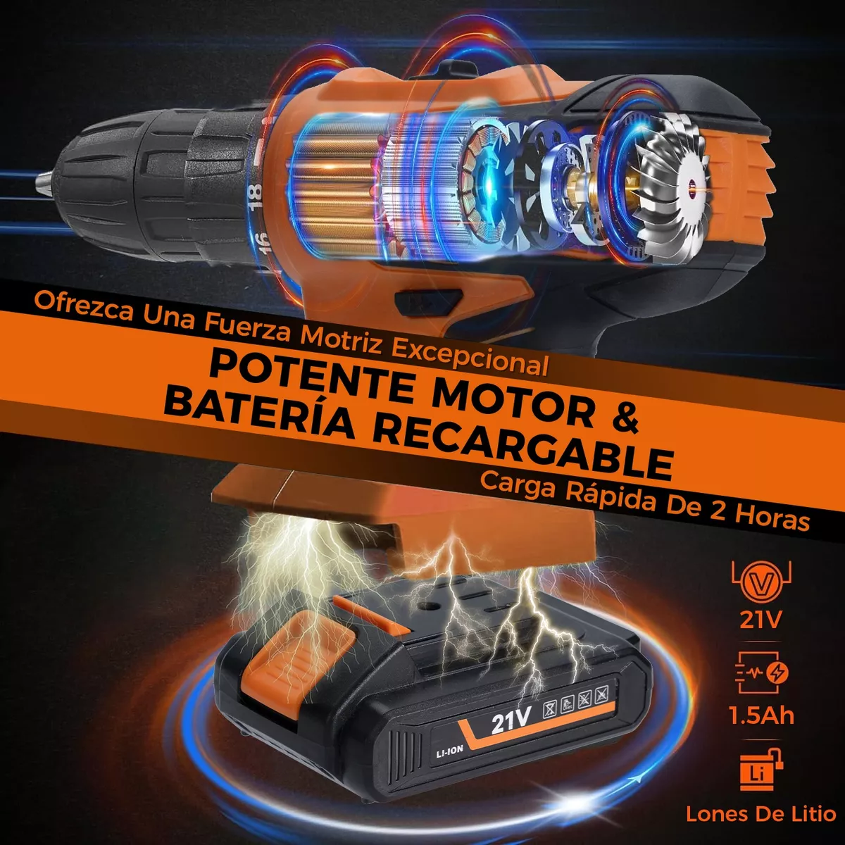 Kit Taladro Atornillador Eléctrico Inalámbrico 21v, 35 Piezas