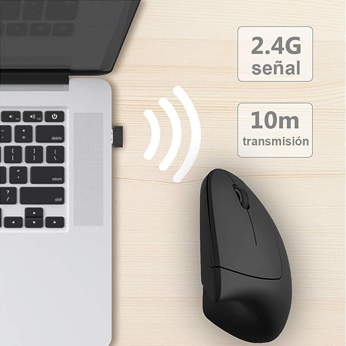 Mouse Inalámbrico Ergonómico Recargable, Mouse Vertical Óptico de 2.4Ghz con 3 DPIs Ajustables, Diseño de 6 Botones con Receptor USB, Compatible con Sistema Windows y Mac(Negro)