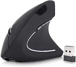 Mouse Inalámbrico Ergonómico Recargable, Mouse Vertical Óptico de 2.4Ghz con 3 DPIs Ajustables, Diseño de 6 Botones con Receptor USB, Compatible con Sistema Windows y Mac(Negro)